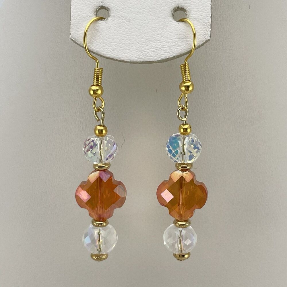 Stunning Orange AB Clover Glass White AB Beaded Dangle Earrings Gold Tone Boho